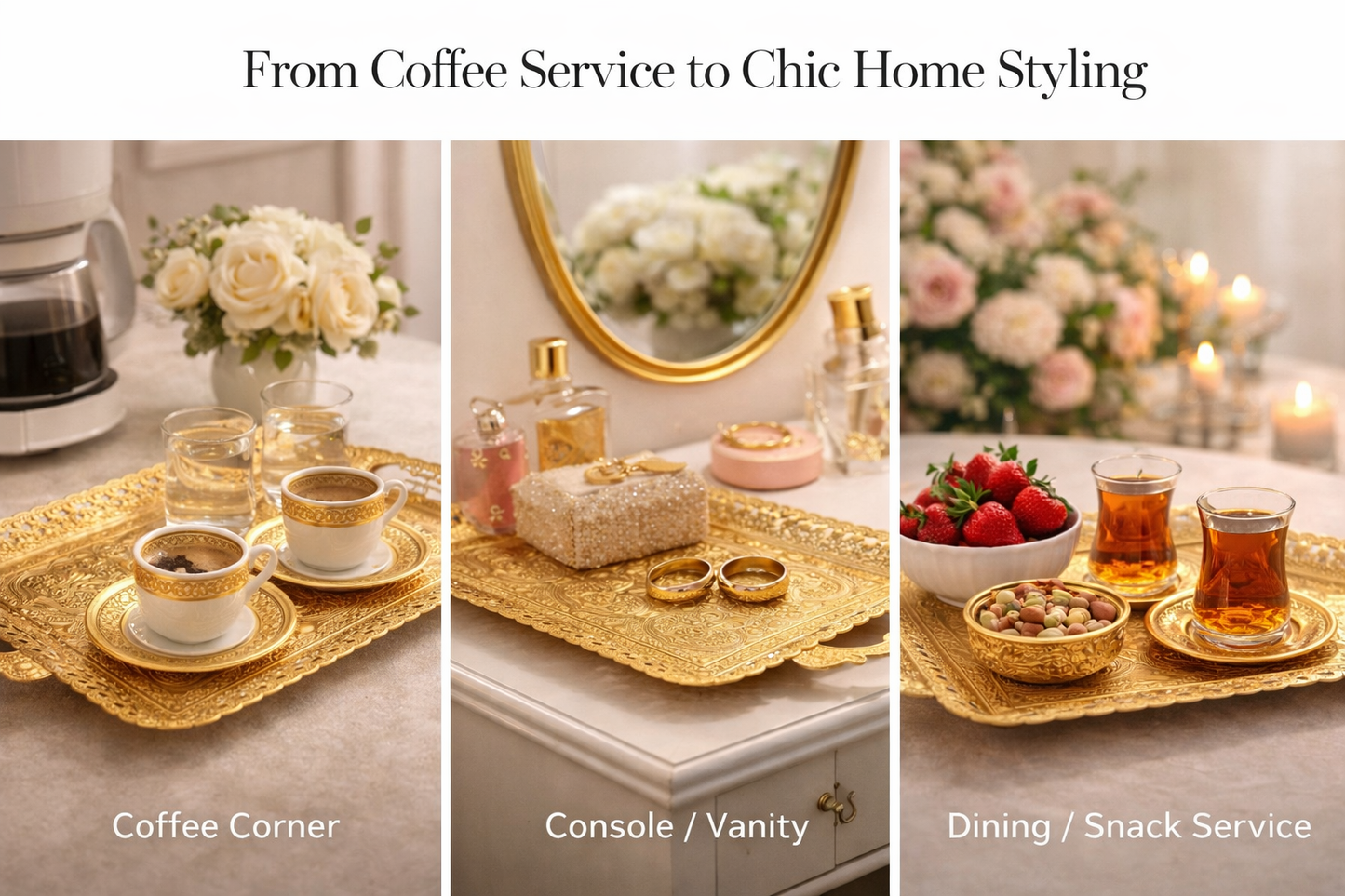 Turkish Vintage Style Entertaining Tray - |15.4” x 10.2”Multi-Purpose, Non-Tarnishing, Zamak Alloy, Decorative Ottoman Style - Rectangular Serving Tray for Coffee & Beverages (GOLD)