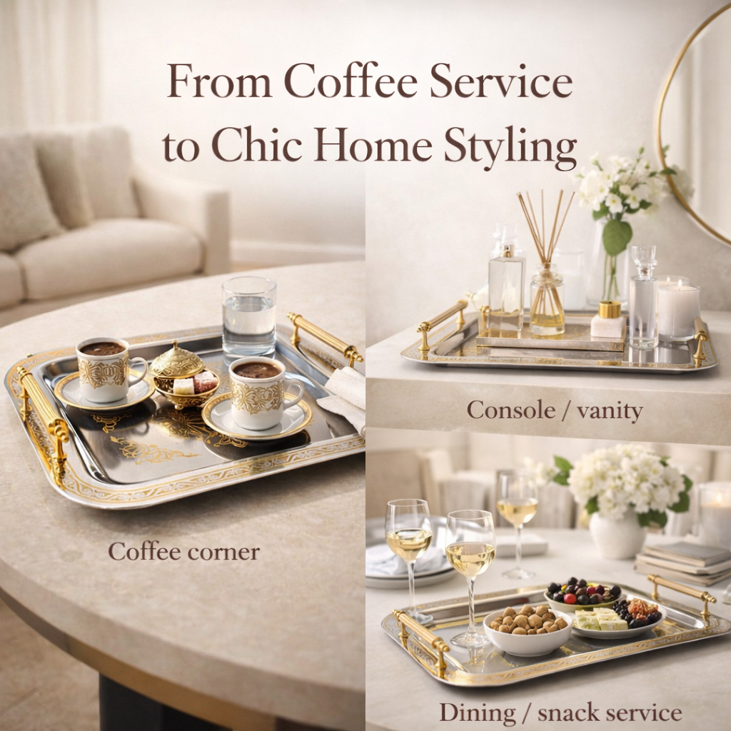 Park&Oz Set of 2 Stackable Stainless-Steel Trays – 14.5'' x 9.8'' Elegant Rectangle Ottoman-Style Decorative Trays – Multi-Purpose Non-Tarnishing Serving Trays for Coffee, Beverages, and Home Decor (GOLD)