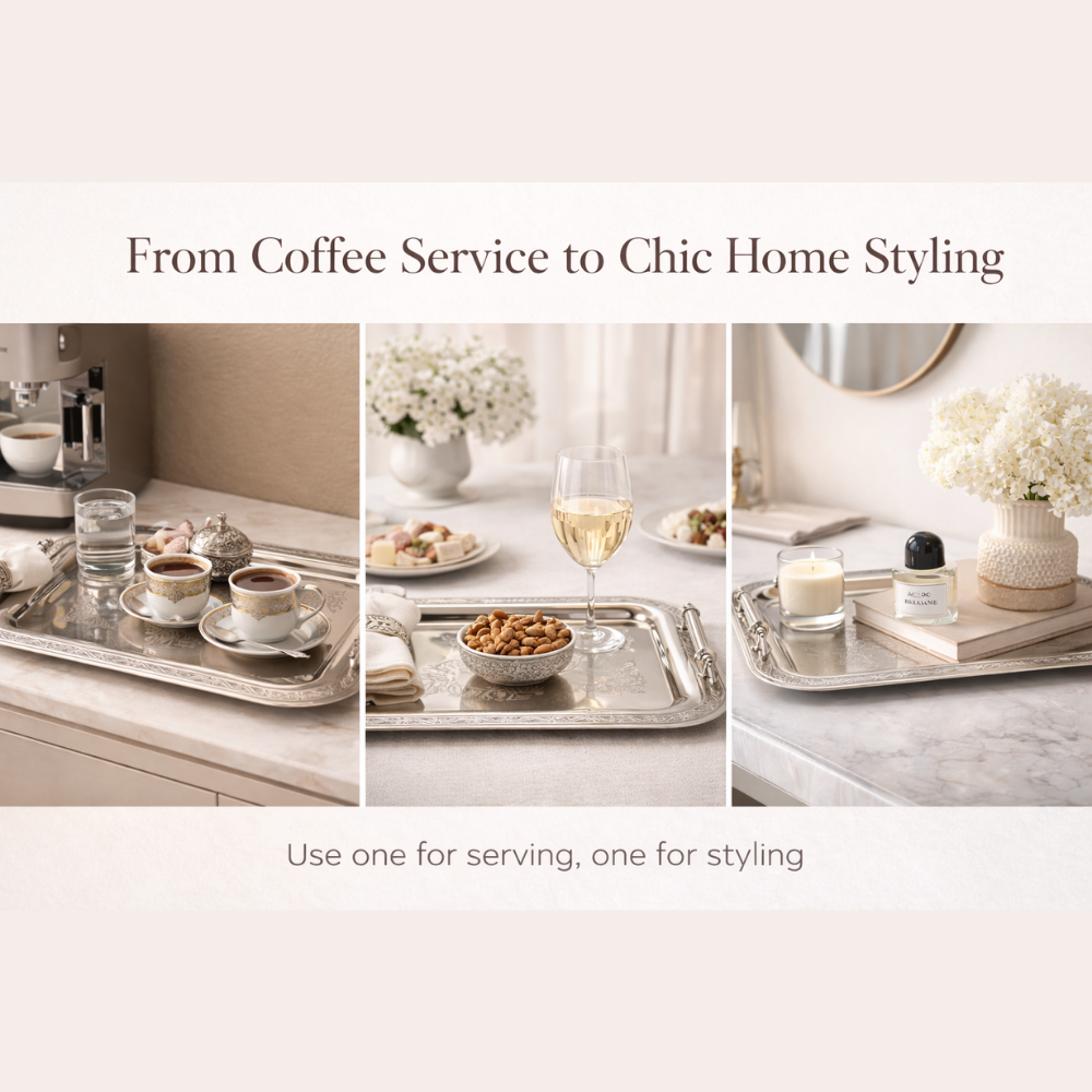 Park&Oz Set of 2 Stackable Stainless-Steel Trays – 14.5'' x 9.8'' Elegant Rectangle Ottoman-Style Decorative Trays – Multi-Purpose Non-Tarnishing Serving Trays for Coffee, Beverages, and Home Decor (GOLD)