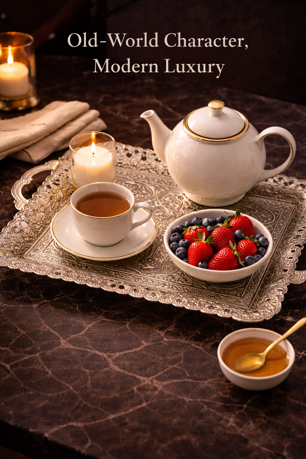 Turkish Vintage Style Entertaining Tray - |15.4” x 10.2”Multi-Purpose, Non-Tarnishing, Zamak Alloy, Decorative Ottoman Style - Rectangular Serving Tray for Coffee & Beverages (GOLD)