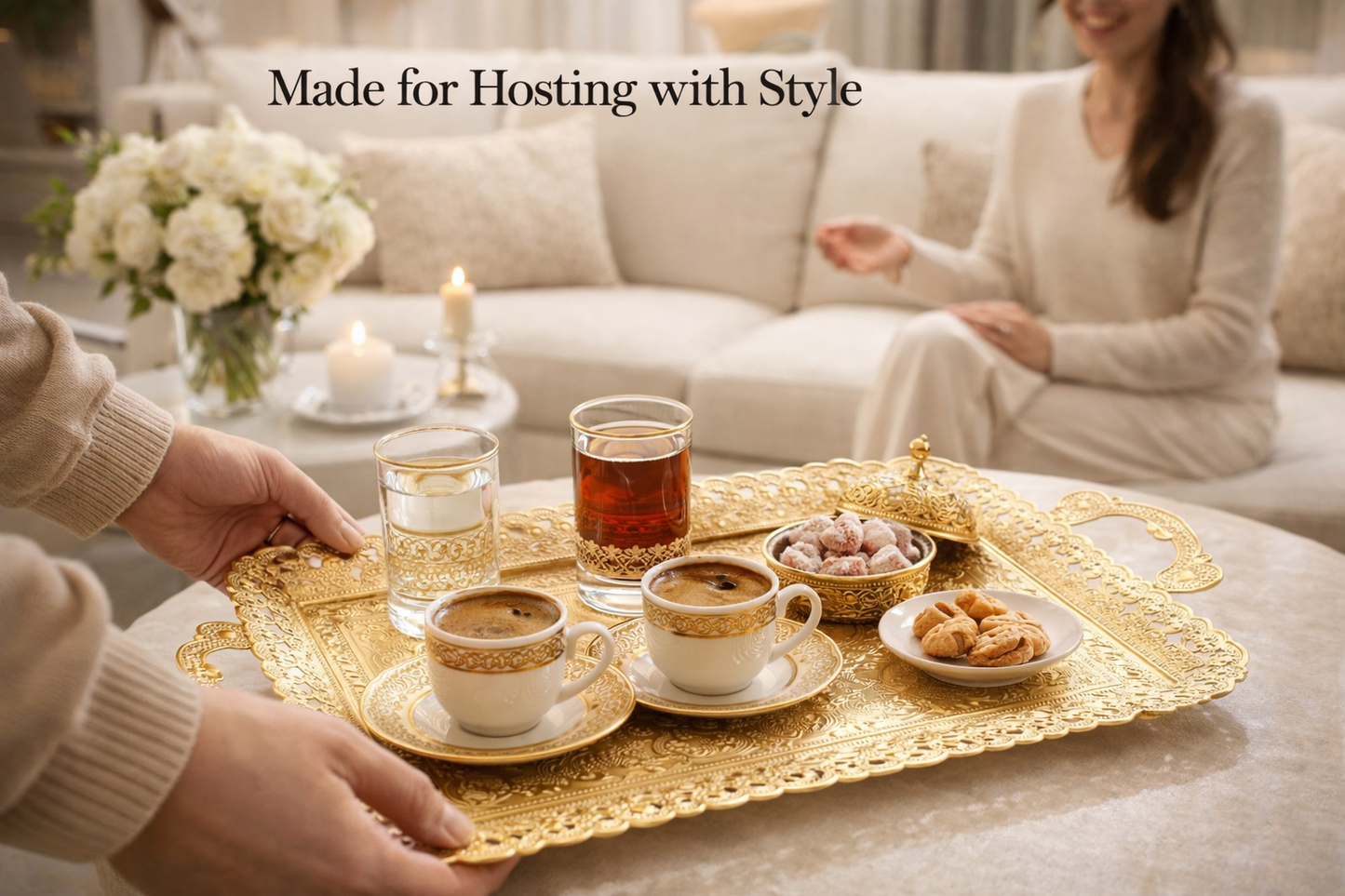 Turkish Vintage Style Entertaining Tray - |15.4” x 10.2”Multi-Purpose, Non-Tarnishing, Zamak Alloy, Decorative Ottoman Style - Rectangular Serving Tray for Coffee & Beverages (GOLD)