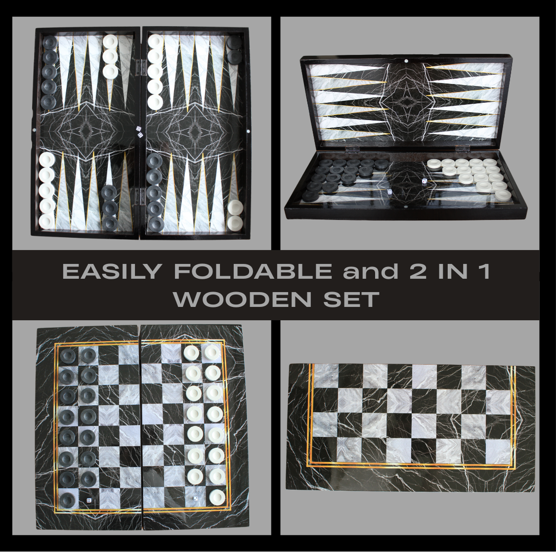 PARK & OZ Premium Turkish Backgammon and Checkers Set 19 Inch Handmade  (BLACK MARBLE)