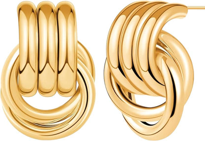 Gold Geometric Drop Dangle Earrings for Women, 18K Chunky Trendy Knot Stud, Small Twisted Link Earring Jewelry
