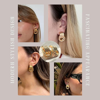 Gold Geometric Drop Dangle Earrings for Women, 18K Chunky Trendy Knot Stud, Small Twisted Link Earring Jewelry