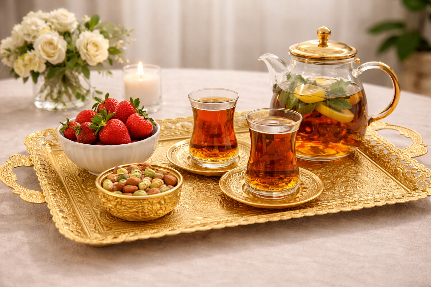 Turkish Vintage Style Entertaining Tray - |15.4” x 10.2”Multi-Purpose, Non-Tarnishing, Zamak Alloy, Decorative Ottoman Style - Rectangular Serving Tray for Coffee & Beverages (GOLD)