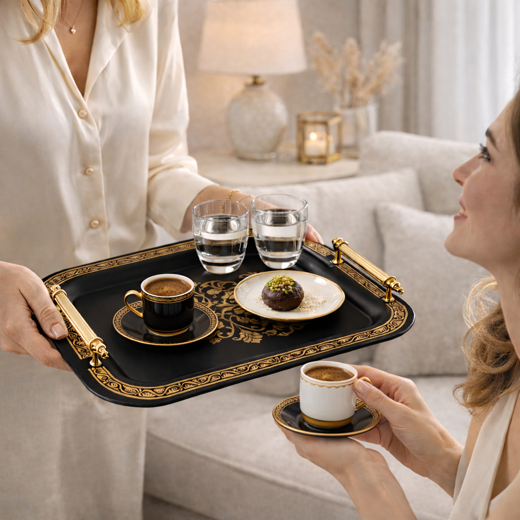Park&Oz Set of 2 Stackable Stainless-Steel Trays – 14.5'' x 9.8'' Elegant Rectangle Ottoman-Style Decorative Trays – Multi-Purpose Non-Tarnishing Serving Trays for Coffee, Beverages, and Home Decor (GOLD)