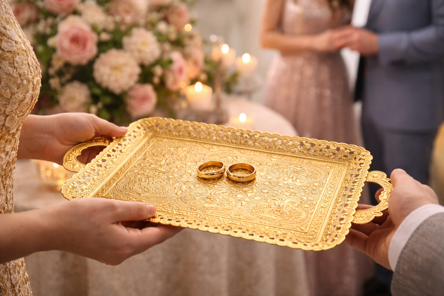 Turkish Vintage Style Entertaining Tray - |15.4” x 10.2”Multi-Purpose, Non-Tarnishing, Zamak Alloy, Decorative Ottoman Style - Rectangular Serving Tray for Coffee & Beverages (GOLD)