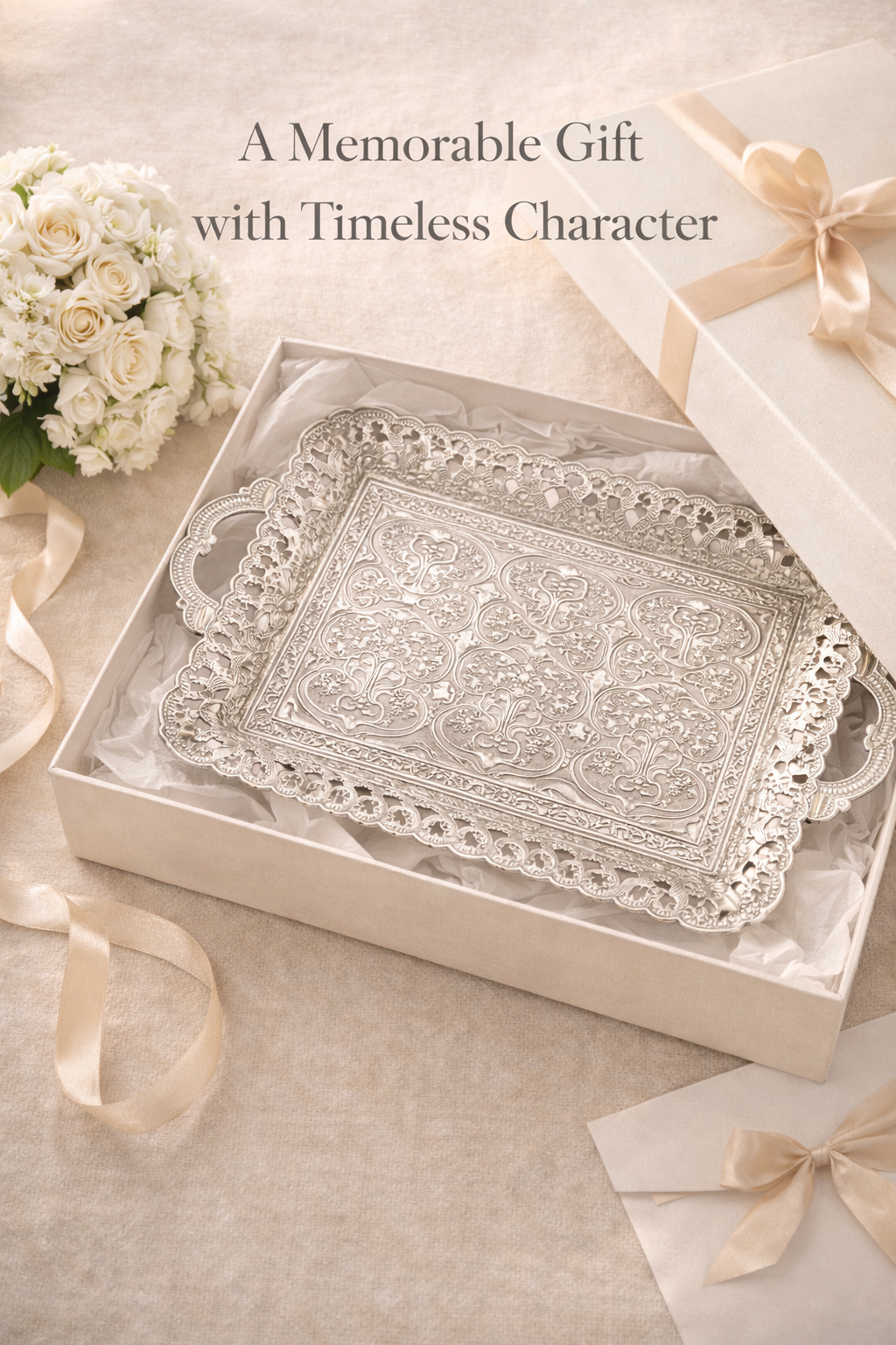 Turkish Vintage Style Entertaining Tray - |15.4” x 10.2”Multi-Purpose, Non-Tarnishing, Zamak Alloy, Decorative Ottoman Style - Rectangular Serving Tray for Coffee & Beverages (GOLD)