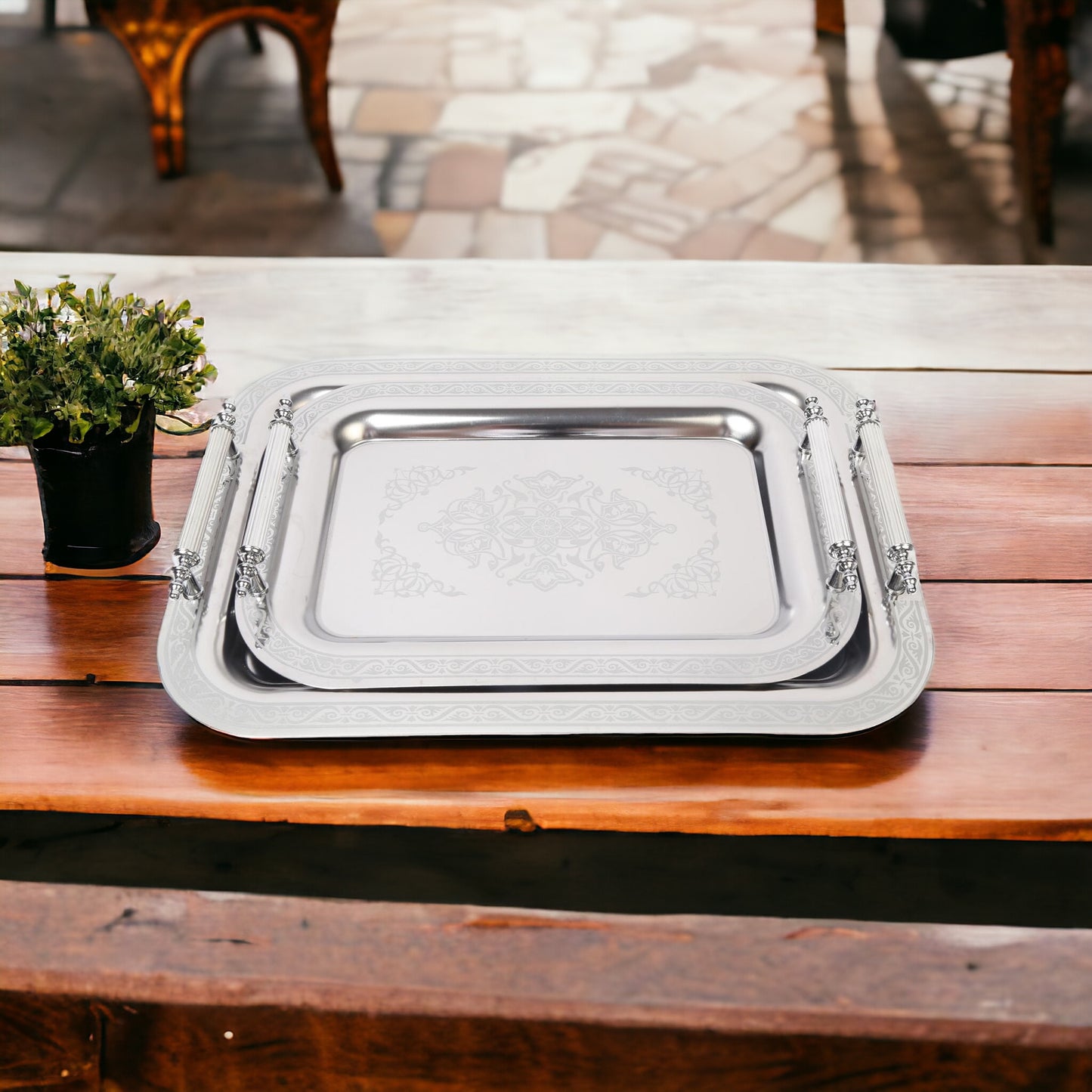 Set of 2 Modern Elegant Large Serving Tray, Rectangle Decorative Tray