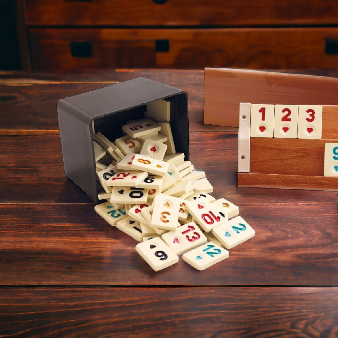 Rummy Game for Adults Wooden Tile Game Set with Tiles, Container, Dice and Racks for Nights & Party Games, Outdoor, Indoor Team Game for 2-4 Players