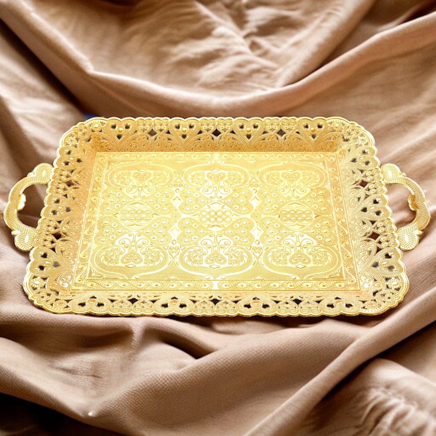 Turkish Vintage Style Entertaining Tray - 16'' x 12'' | Multi-Purpose, Non-Tarnishing, Zamak Alloy, Decorative Ottoman Style - Rectangular Serving Tray for Coffee & Beverages Gold
