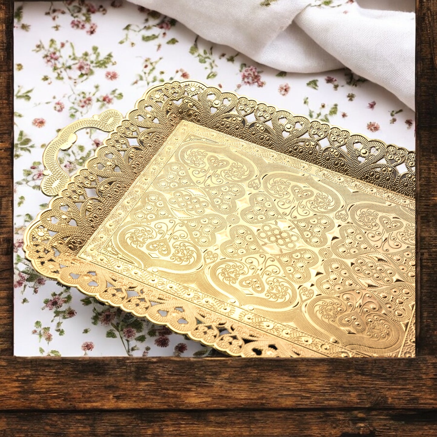 Turkish Vintage Style Entertaining Tray - 16'' x 12'' | Multi-Purpose, Non-Tarnishing, Zamak Alloy, Decorative Ottoman Style - Rectangular Serving Tray for Coffee & Beverages Gold