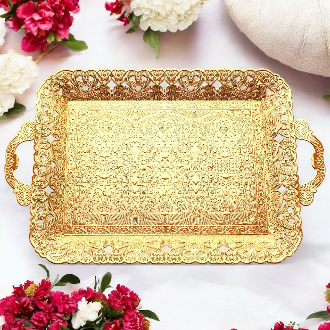 Turkish Vintage Style Entertaining Tray - 16'' x 12'' | Multi-Purpose, Non-Tarnishing, Zamak Alloy, Decorative Ottoman Style - Rectangular Serving Tray for Coffee & Beverages Gold