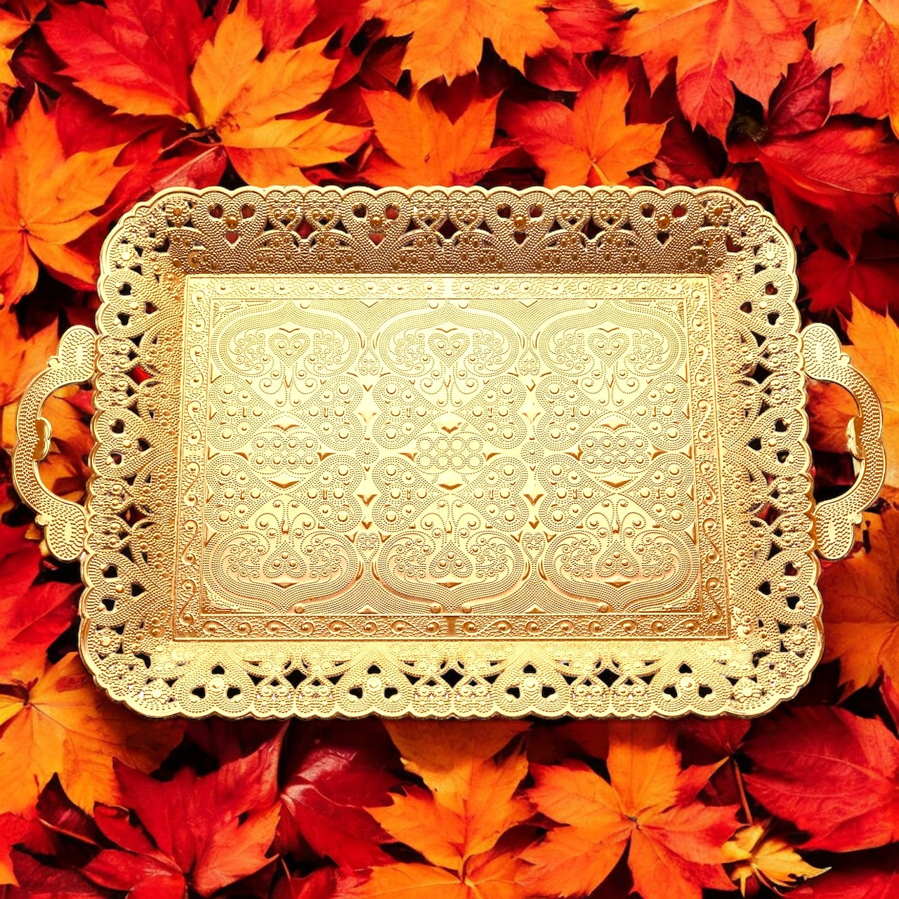 Turkish Vintage Style Entertaining Tray - 16'' x 12'' | Multi-Purpose, Non-Tarnishing, Zamak Alloy, Decorative Ottoman Style - Rectangular Serving Tray for Coffee & Beverages Gold