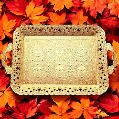 Turkish Vintage Style Entertaining Tray - 16'' x 12'' | Multi-Purpose, Non-Tarnishing, Zamak Alloy, Decorative Ottoman Style - Rectangular Serving Tray for Coffee & Beverages Gold