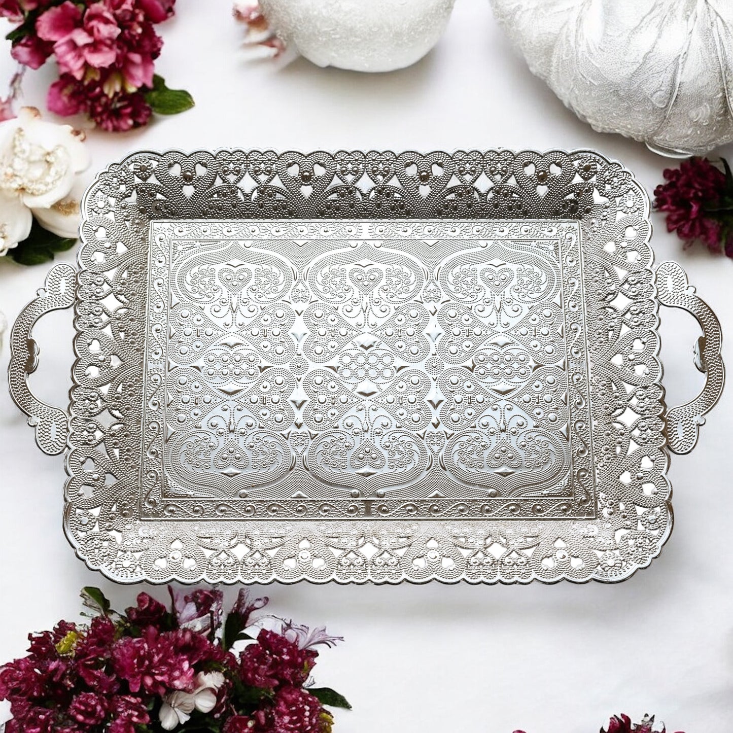 Turkish Vintage Style Entertaining Tray - 16'' x 12'' | Multi-Purpose, Non-Tarnishing, Zamak Alloy, Decorative Ottoman Style - Rectangular Serving Tray for Coffee & Beverages Gold