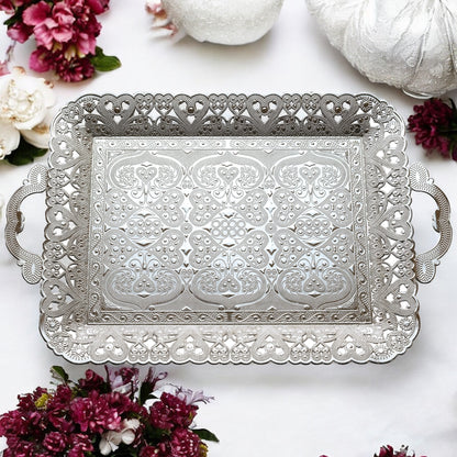Turkish Vintage Style Entertaining Tray - 16'' x 12'' | Multi-Purpose, Non-Tarnishing, Zamak Alloy, Decorative Ottoman Style - Rectangular Serving Tray for Coffee & Beverages Gold