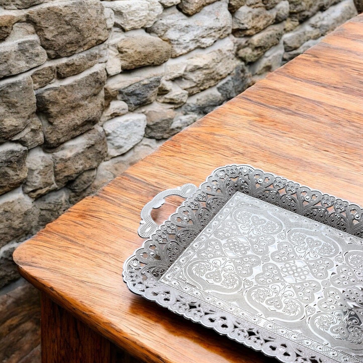 Turkish Vintage Style Entertaining Tray - 16'' x 12'' | Multi-Purpose, Non-Tarnishing, Zamak Alloy, Decorative Ottoman Style - Rectangular Serving Tray for Coffee & Beverages Gold