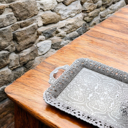 Turkish Vintage Style Entertaining Tray - 16'' x 12'' | Multi-Purpose, Non-Tarnishing, Zamak Alloy, Decorative Ottoman Style - Rectangular Serving Tray for Coffee & Beverages Gold