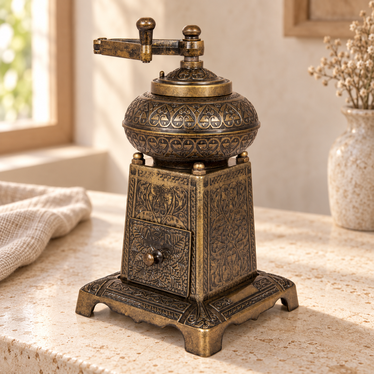 Acar ACAR440AS Selahattin 1950 grinder in antique gold tone — AI-assisted cafe table scene