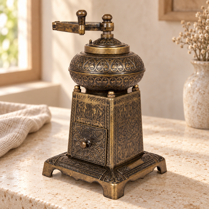 Acar ACAR440AS Selahattin 1950 grinder in antique gold tone — AI-assisted cafe table scene