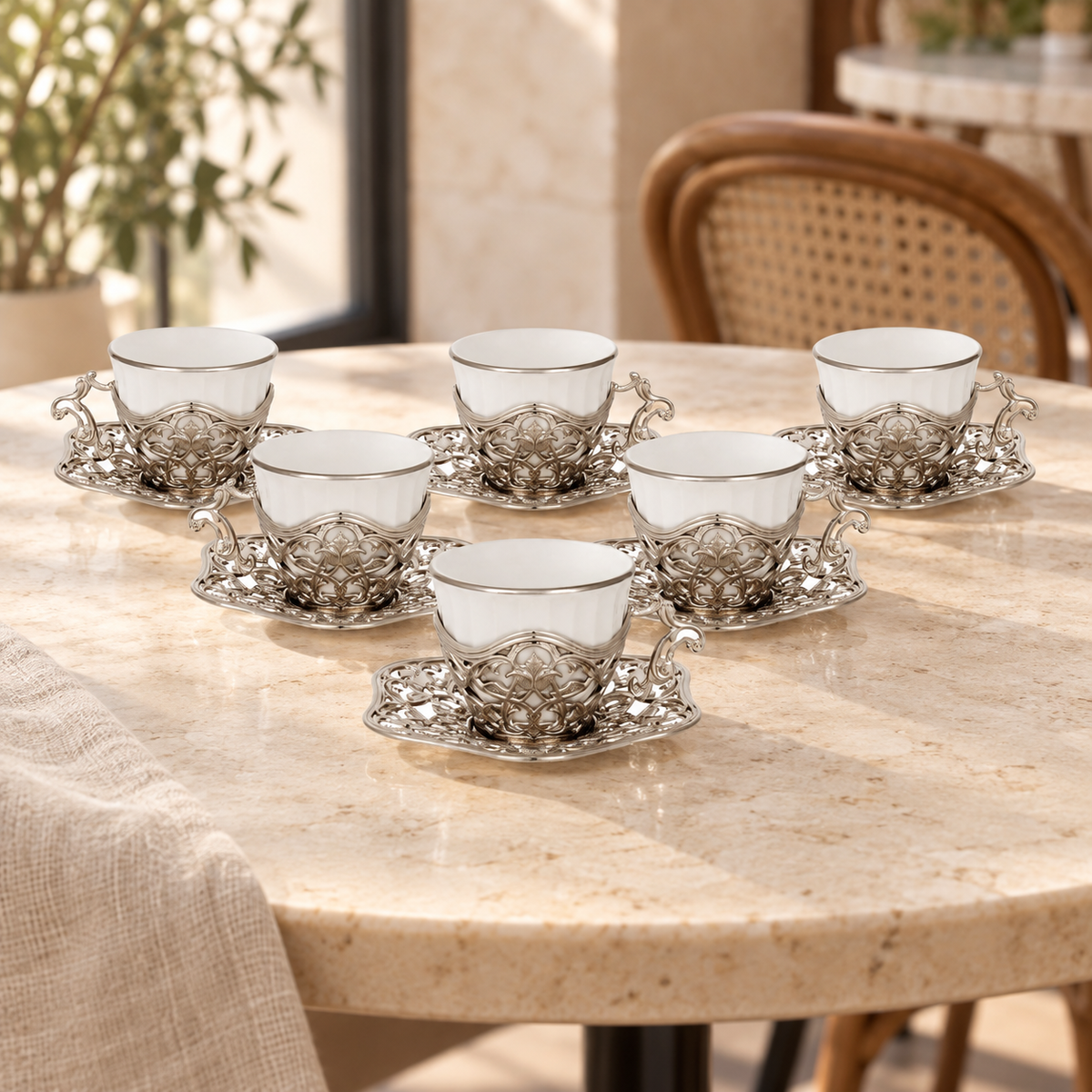 Acar SET631BE Elisa silver-tone coffee set — AI-assisted cafe table scene