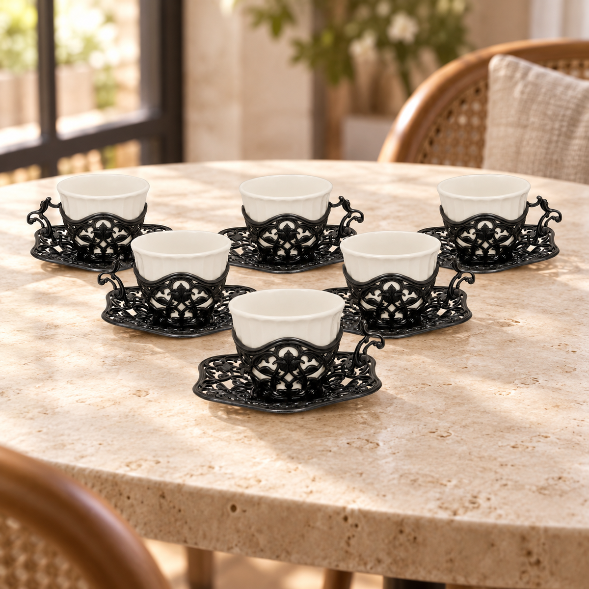 Acar SET631KA Elisa dark tinned-finish coffee set — AI-assisted cafe table scene