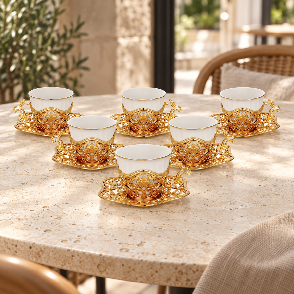 Acar SET631SA Elisa six-cup gold-tone set on a cafe table — AI-assisted scene
