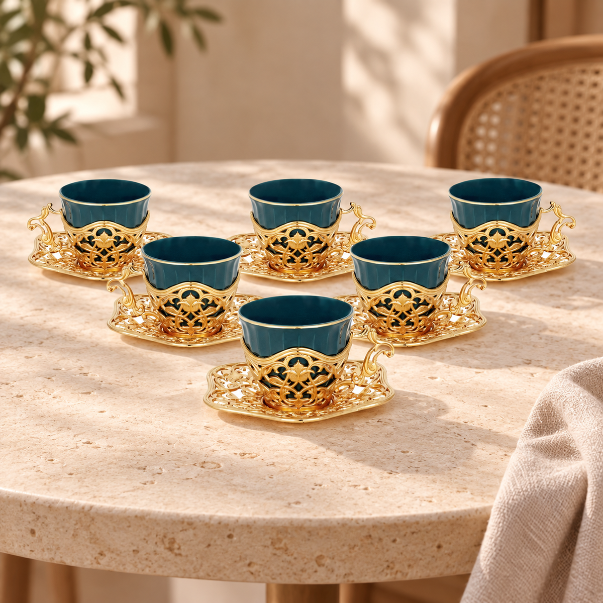 Acar SET633SA Elisa green and gold-tone coffee set — AI-assisted cafe table scene