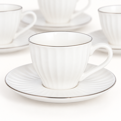 Acar SET810BE Charisma white cups with silver-tone rims — AI-assisted detail view