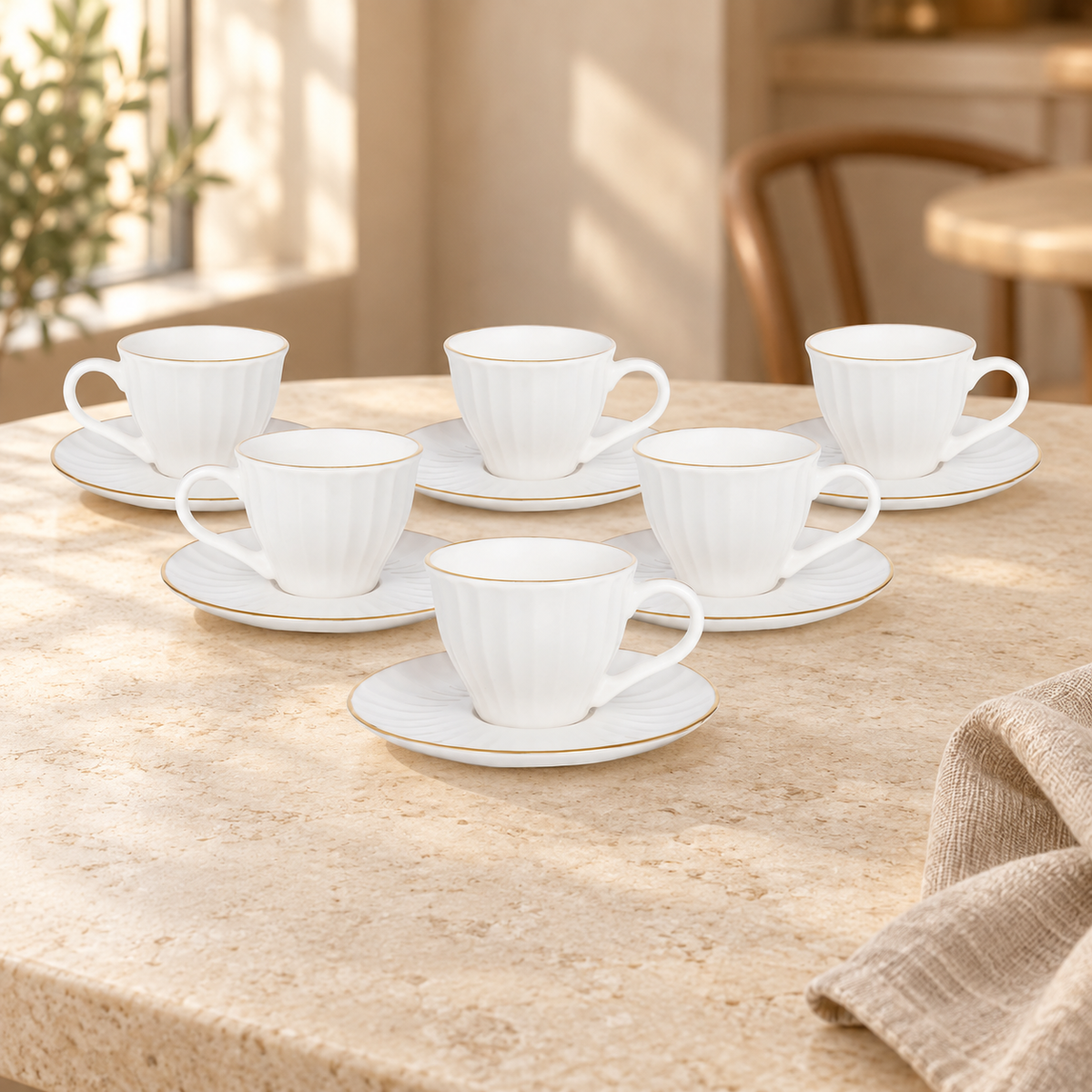 Acar SET810SA Charisma white cups with gold-tone rims — AI-assisted cafe table scene