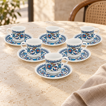 Acar SET850BE Topkapi patterned six-cup presentation set — AI-assisted cafe table scene