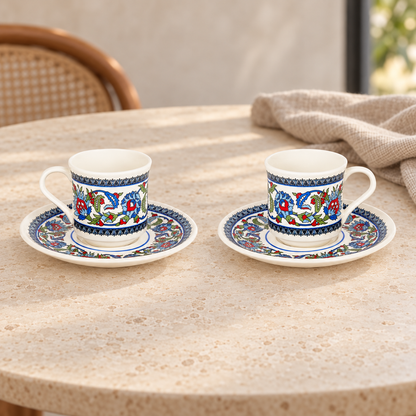Acar SET860BE Topkapi patterned two-cup set — AI-assisted cafe table scene