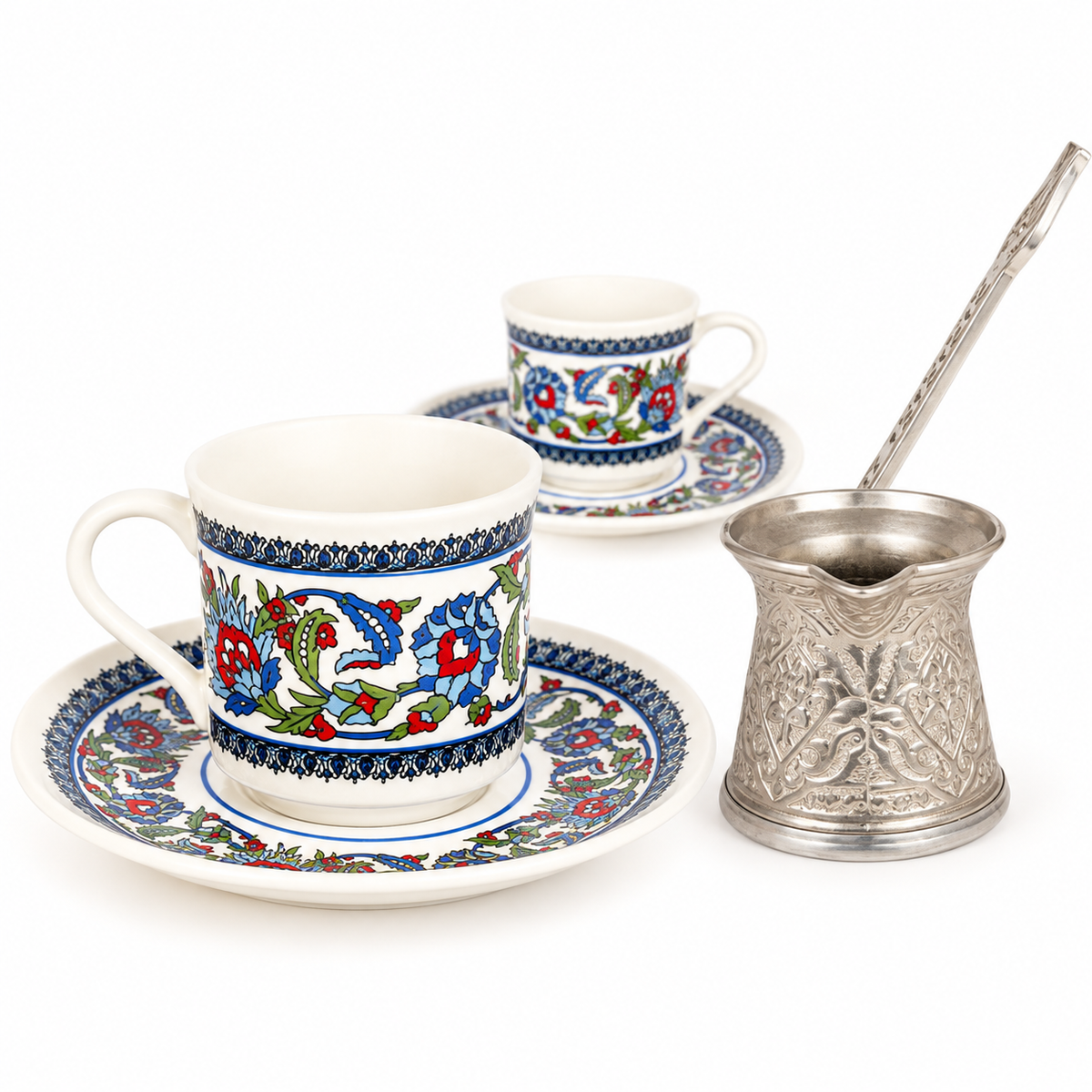 Acar SET862BE Topkapi patterned two-cup set with silver-tone coffee pot — AI-assisted detail view