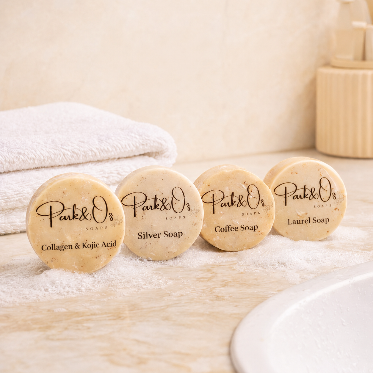 PARK & OZ Luxury Turkish Natural Soap Set – Collagen Anti-Aging, Coffee Exfoliating, Laurel Oil Purifying & Silver Soothing Soaps | Face & Body Care Set (All Of 4)