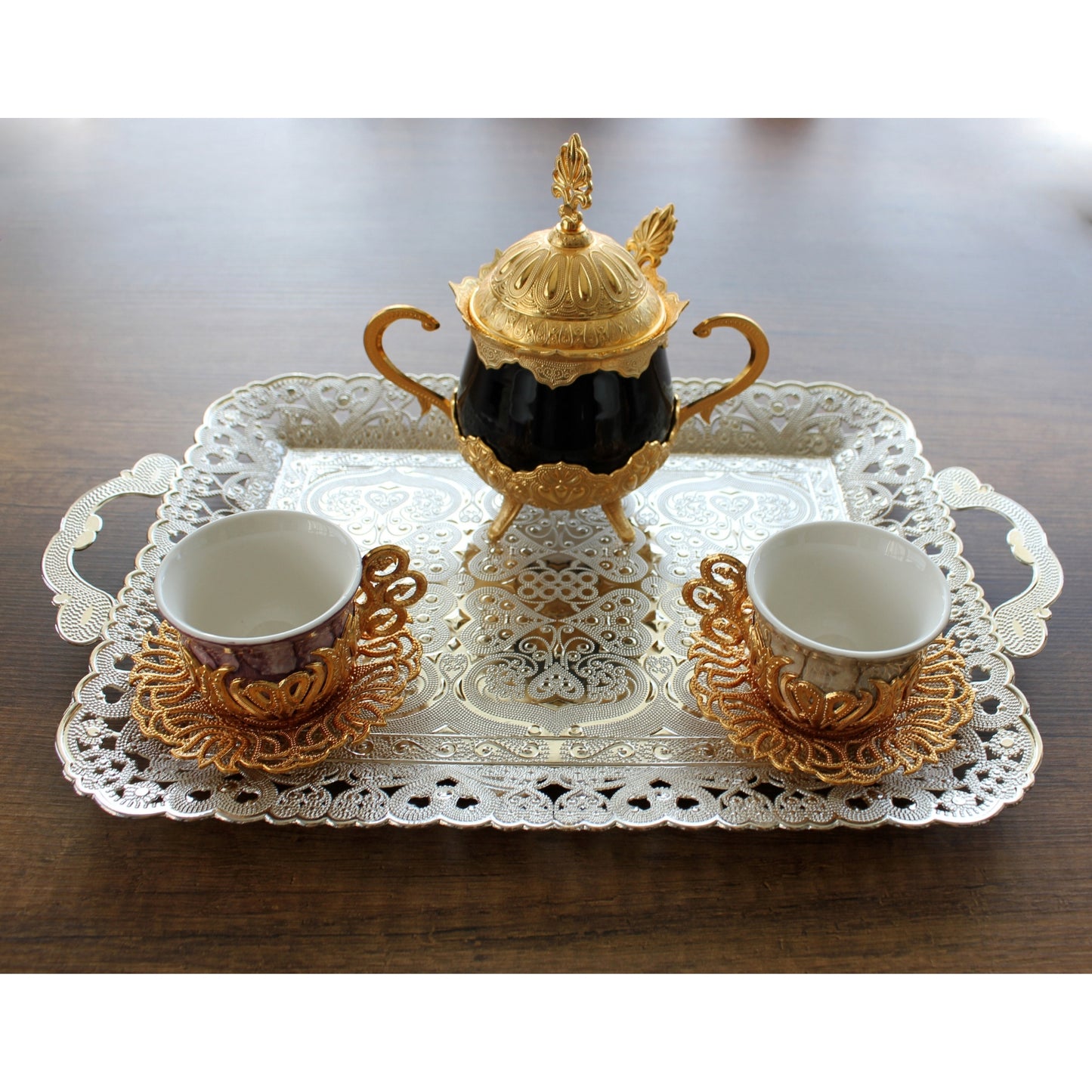 Turkish Vintage Style Entertaining Tray - 16'' x 12'' | Multi-Purpose, Non-Tarnishing, Zamak Alloy, Decorative Ottoman Style - Rectangular Serving Tray for Coffee & Beverages Gold