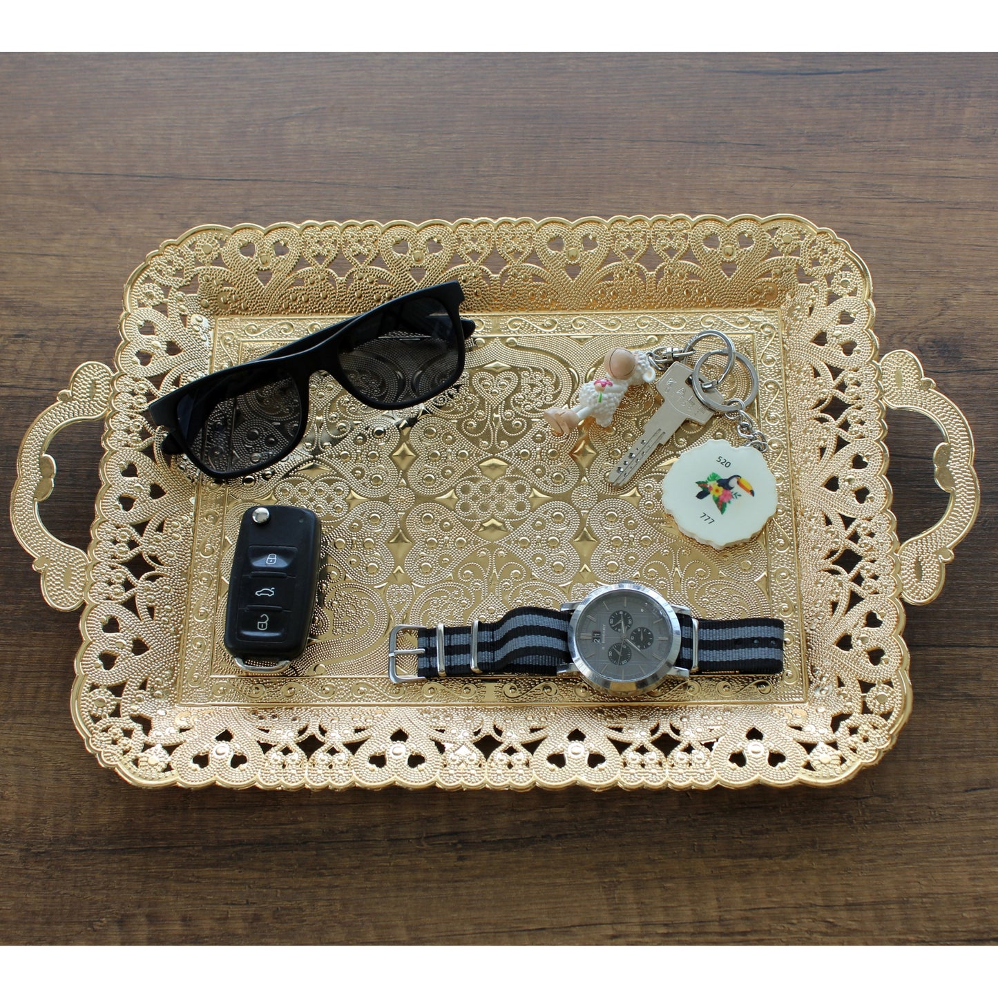 Turkish Vintage Style Entertaining Tray - 16'' x 12'' | Multi-Purpose, Non-Tarnishing, Zamak Alloy, Decorative Ottoman Style - Rectangular Serving Tray for Coffee & Beverages Gold