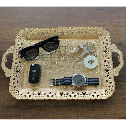 Turkish Vintage Style Entertaining Tray - 16'' x 12'' | Multi-Purpose, Non-Tarnishing, Zamak Alloy, Decorative Ottoman Style - Rectangular Serving Tray for Coffee & Beverages Gold