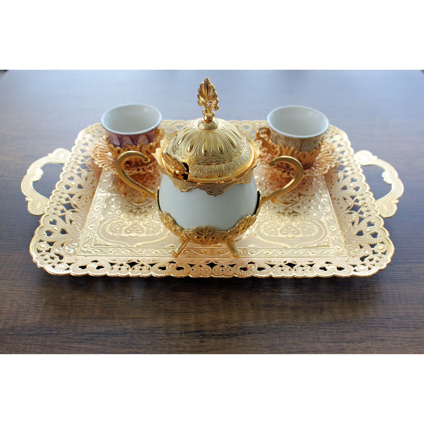 Turkish Vintage Style Entertaining Tray - 16'' x 12'' | Multi-Purpose, Non-Tarnishing, Zamak Alloy, Decorative Ottoman Style - Rectangular Serving Tray for Coffee & Beverages Gold