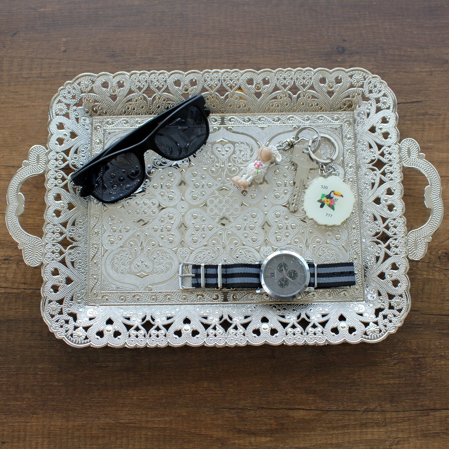 Turkish Vintage Style Entertaining Tray - 16'' x 12'' | Multi-Purpose, Non-Tarnishing, Zamak Alloy, Decorative Ottoman Style - Rectangular Serving Tray for Coffee & Beverages Gold