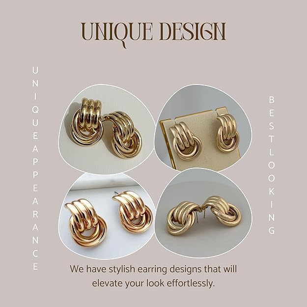 Gold Geometric Drop Dangle Earrings for Women, 18K Chunky Trendy Knot Stud, Small Twisted Link Earring Jewelry