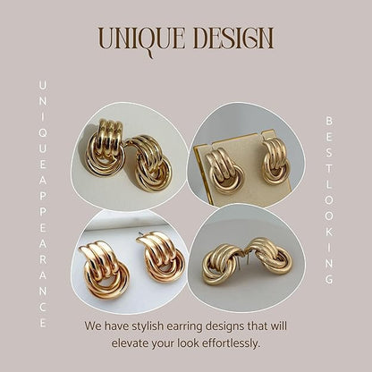 Gold Geometric Drop Dangle Earrings for Women, 18K Chunky Trendy Knot Stud, Small Twisted Link Earring Jewelry