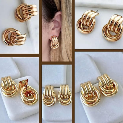 Gold Geometric Drop Dangle Earrings for Women, 18K Chunky Trendy Knot Stud, Small Twisted Link Earring Jewelry