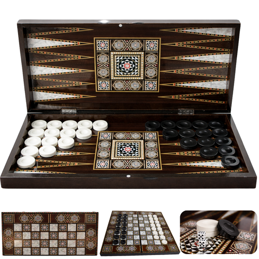 PARK & OZ Premium Turkish Backgammon and Checkers Set 19 Inch Handmade  (PEARL)